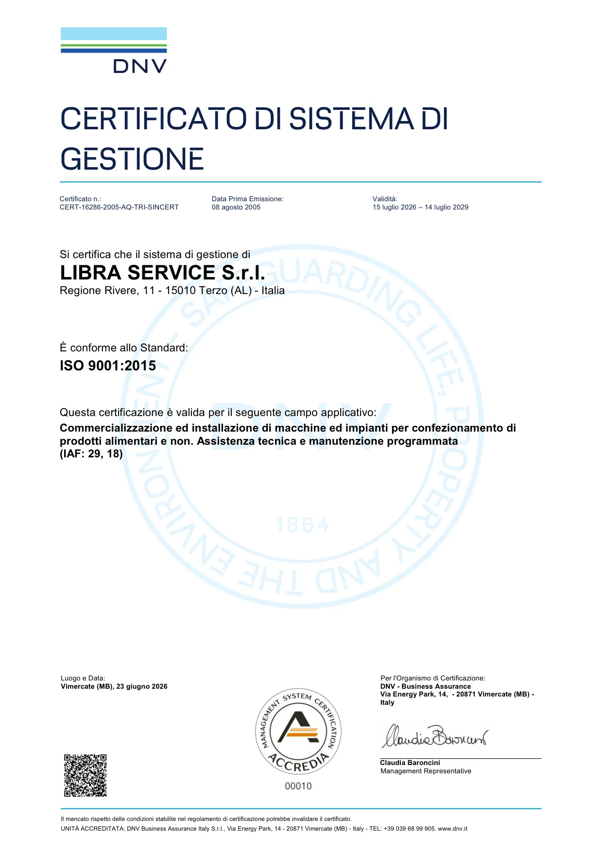 Aperçu du certificat ISO 9001 de Libra Service